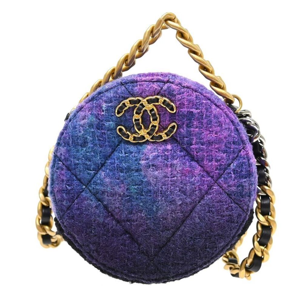 Chanel 19 Round Clutch With Chain Quilted Tweed Purple Tweed Shoulder Bag Bag